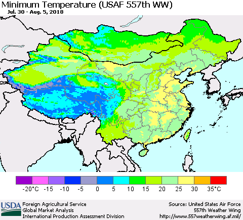 China, Mongolia and Taiwan Mean Minimum Temperature (USAF 557th WW) Thematic Map For 7/30/2018 - 8/5/2018
