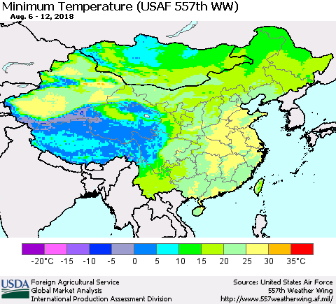China, Mongolia and Taiwan Mean Minimum Temperature (USAF 557th WW) Thematic Map For 8/6/2018 - 8/12/2018