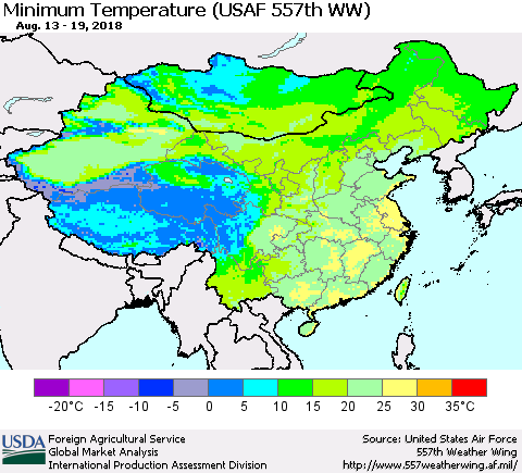 China, Mongolia and Taiwan Mean Minimum Temperature (USAF 557th WW) Thematic Map For 8/13/2018 - 8/19/2018