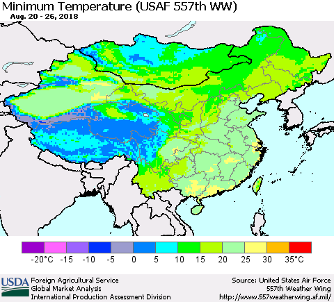 China, Mongolia and Taiwan Mean Minimum Temperature (USAF 557th WW) Thematic Map For 8/20/2018 - 8/26/2018