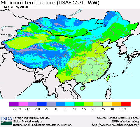 China, Mongolia and Taiwan Mean Minimum Temperature (USAF 557th WW) Thematic Map For 9/3/2018 - 9/9/2018