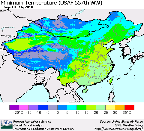 China, Mongolia and Taiwan Mean Minimum Temperature (USAF 557th WW) Thematic Map For 9/10/2018 - 9/16/2018
