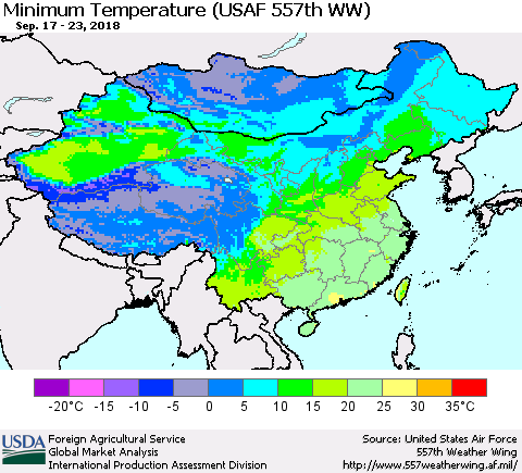 China, Mongolia and Taiwan Mean Minimum Temperature (USAF 557th WW) Thematic Map For 9/17/2018 - 9/23/2018
