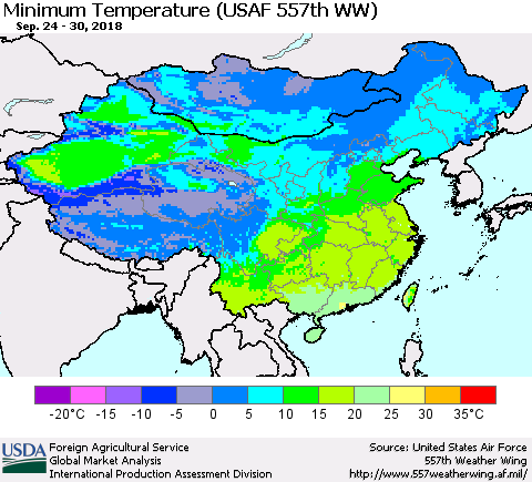 China, Mongolia and Taiwan Mean Minimum Temperature (USAF 557th WW) Thematic Map For 9/24/2018 - 9/30/2018