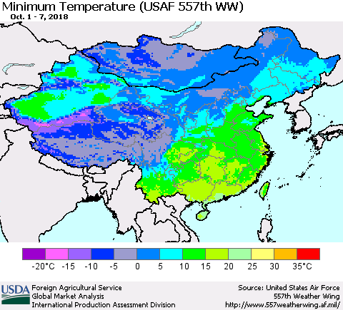 China, Mongolia and Taiwan Mean Minimum Temperature (USAF 557th WW) Thematic Map For 10/1/2018 - 10/7/2018