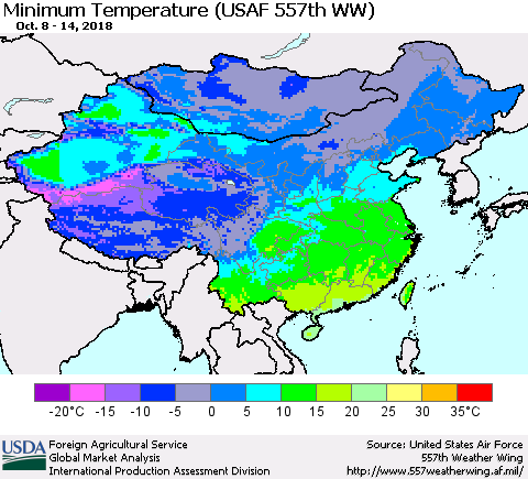 China, Mongolia and Taiwan Mean Minimum Temperature (USAF 557th WW) Thematic Map For 10/8/2018 - 10/14/2018