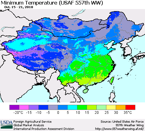 China, Mongolia and Taiwan Mean Minimum Temperature (USAF 557th WW) Thematic Map For 10/15/2018 - 10/21/2018