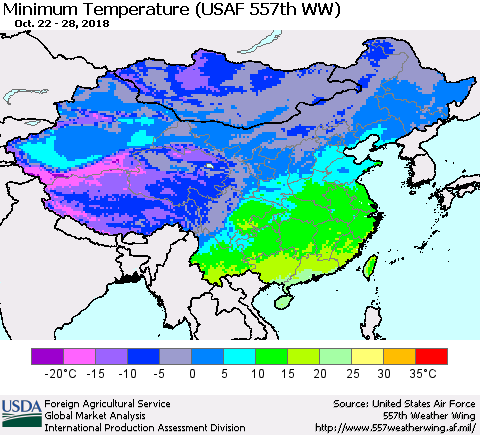 China, Mongolia and Taiwan Mean Minimum Temperature (USAF 557th WW) Thematic Map For 10/22/2018 - 10/28/2018