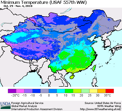 China, Mongolia and Taiwan Mean Minimum Temperature (USAF 557th WW) Thematic Map For 10/29/2018 - 11/4/2018