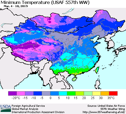 China and Taiwan Minimum Temperature (USAF 557th WW) Thematic Map For 3/4/2019 - 3/10/2019