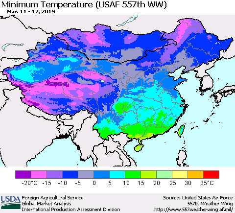 China and Taiwan Minimum Temperature (USAF 557th WW) Thematic Map For 3/11/2019 - 3/17/2019