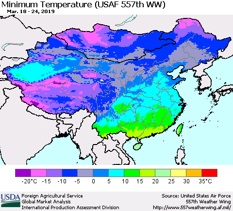 China and Taiwan Minimum Temperature (USAF 557th WW) Thematic Map For 3/18/2019 - 3/24/2019