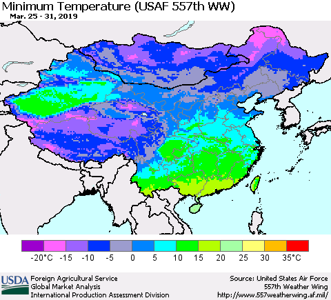 China and Taiwan Minimum Temperature (USAF 557th WW) Thematic Map For 3/25/2019 - 3/31/2019