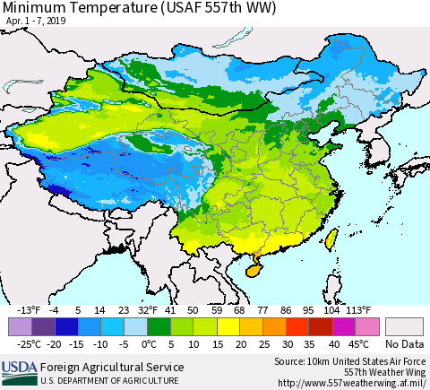 China, Mongolia and Taiwan Mean Minimum Temperature (USAF 557th WW) Thematic Map For 4/1/2019 - 4/7/2019