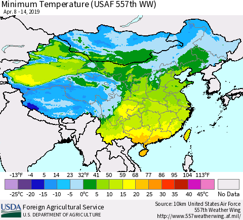 China and Taiwan Minimum Temperature (USAF 557th WW) Thematic Map For 4/8/2019 - 4/14/2019