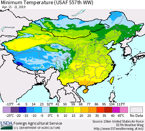 China and Taiwan Minimum Temperature (USAF 557th WW) Thematic Map For 4/15/2019 - 4/21/2019