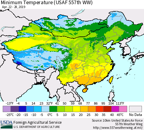 China and Taiwan Minimum Temperature (USAF 557th WW) Thematic Map For 4/22/2019 - 4/28/2019