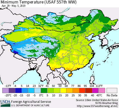 China and Taiwan Minimum Temperature (USAF 557th WW) Thematic Map For 4/29/2019 - 5/5/2019