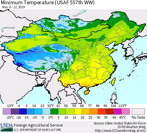 China and Taiwan Minimum Temperature (USAF 557th WW) Thematic Map For 5/6/2019 - 5/12/2019