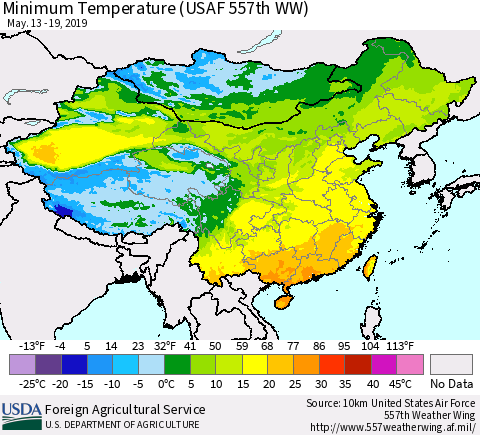 China, Mongolia and Taiwan Mean Minimum Temperature (USAF 557th WW) Thematic Map For 5/13/2019 - 5/19/2019