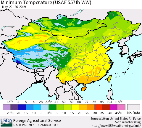 China, Mongolia and Taiwan Mean Minimum Temperature (USAF 557th WW) Thematic Map For 5/20/2019 - 5/26/2019