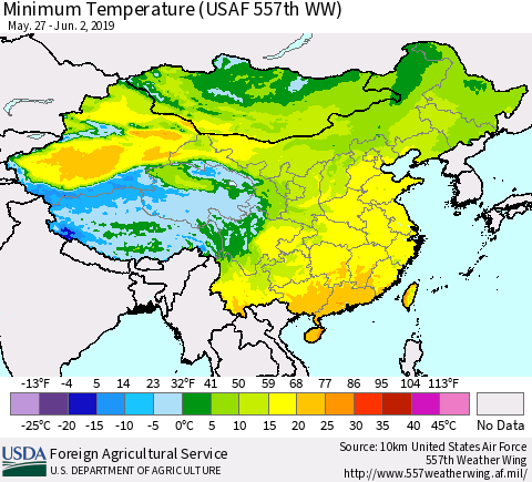 China, Mongolia and Taiwan Mean Minimum Temperature (USAF 557th WW) Thematic Map For 5/27/2019 - 6/2/2019