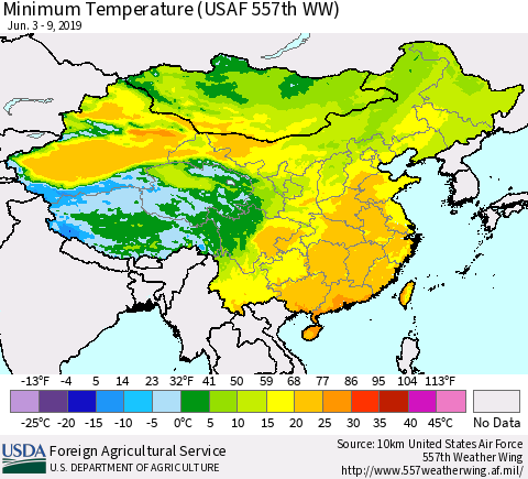 China and Taiwan Minimum Temperature (USAF 557th WW) Thematic Map For 6/3/2019 - 6/9/2019