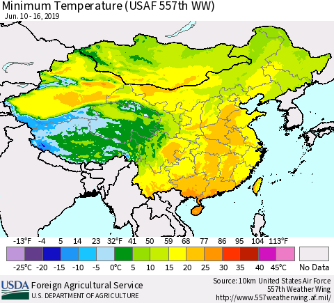 China and Taiwan Minimum Temperature (USAF 557th WW) Thematic Map For 6/10/2019 - 6/16/2019