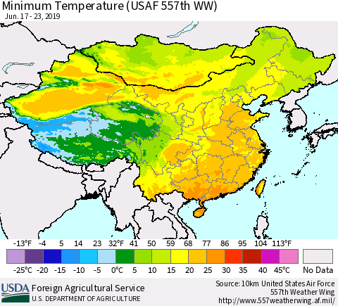 China and Taiwan Minimum Temperature (USAF 557th WW) Thematic Map For 6/17/2019 - 6/23/2019