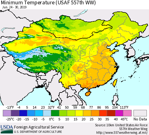 China, Mongolia and Taiwan Mean Minimum Temperature (USAF 557th WW) Thematic Map For 6/24/2019 - 6/30/2019