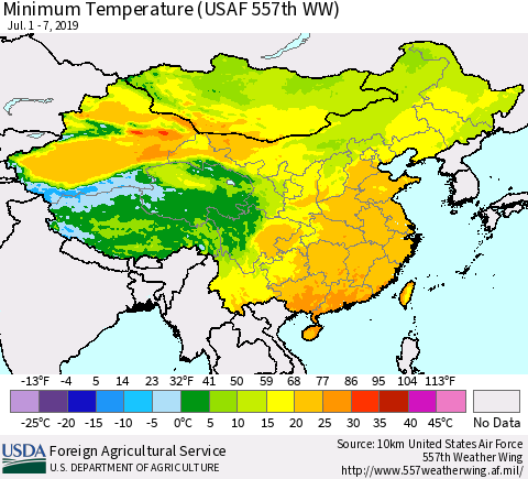 China and Taiwan Minimum Temperature (USAF 557th WW) Thematic Map For 7/1/2019 - 7/7/2019