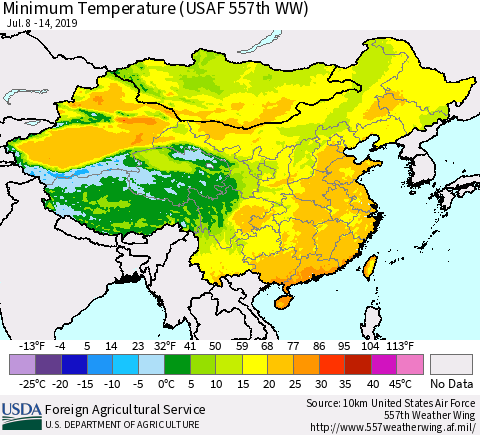 China and Taiwan Minimum Temperature (USAF 557th WW) Thematic Map For 7/8/2019 - 7/14/2019