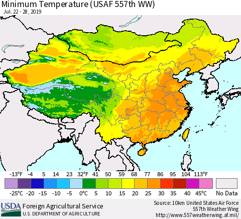 China and Taiwan Minimum Temperature (USAF 557th WW) Thematic Map For 7/22/2019 - 7/28/2019