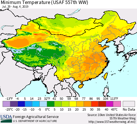 China and Taiwan Minimum Temperature (USAF 557th WW) Thematic Map For 7/29/2019 - 8/4/2019
