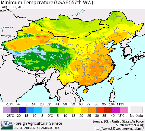 China and Taiwan Minimum Temperature (USAF 557th WW) Thematic Map For 8/5/2019 - 8/11/2019