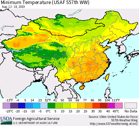 China and Taiwan Minimum Temperature (USAF 557th WW) Thematic Map For 8/12/2019 - 8/18/2019
