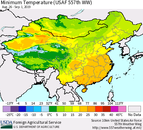 China, Mongolia and Taiwan Mean Minimum Temperature (USAF 557th WW) Thematic Map For 8/26/2019 - 9/1/2019