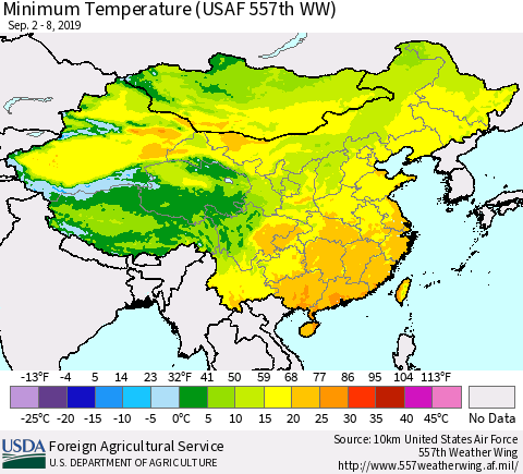 China and Taiwan Minimum Temperature (USAF 557th WW) Thematic Map For 9/2/2019 - 9/8/2019