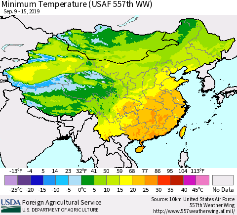 China and Taiwan Minimum Temperature (USAF 557th WW) Thematic Map For 9/9/2019 - 9/15/2019