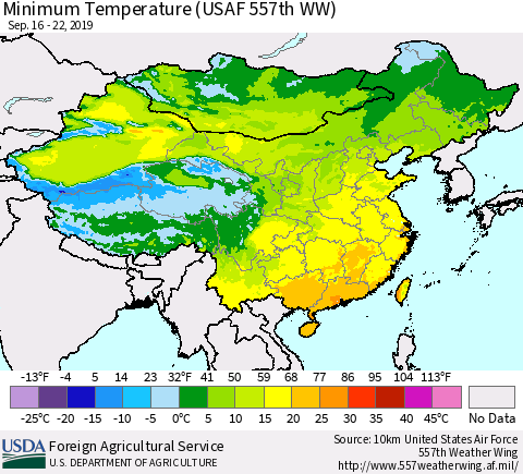 China and Taiwan Minimum Temperature (USAF 557th WW) Thematic Map For 9/16/2019 - 9/22/2019