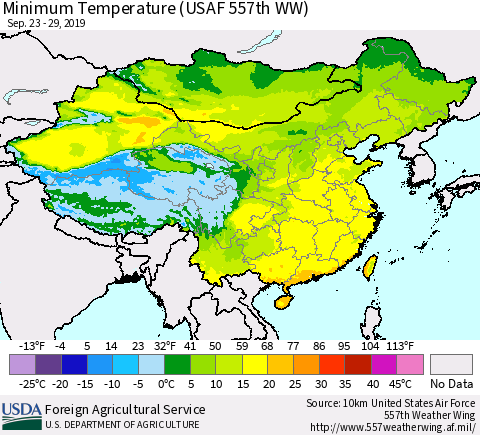 China and Taiwan Minimum Temperature (USAF 557th WW) Thematic Map For 9/23/2019 - 9/29/2019