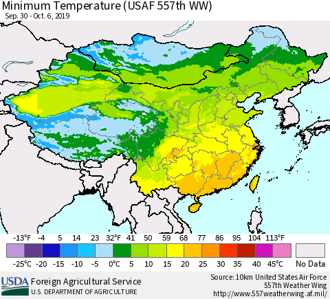 China and Taiwan Minimum Temperature (USAF 557th WW) Thematic Map For 9/30/2019 - 10/6/2019