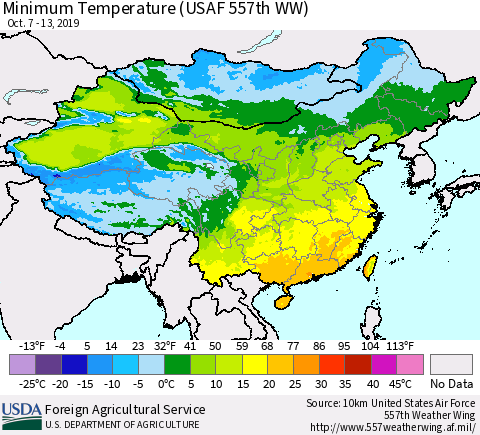 China and Taiwan Minimum Temperature (USAF 557th WW) Thematic Map For 10/7/2019 - 10/13/2019