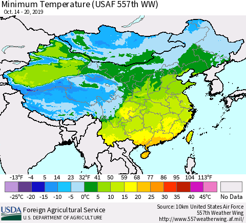 China, Mongolia and Taiwan Mean Minimum Temperature (USAF 557th WW) Thematic Map For 10/14/2019 - 10/20/2019