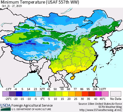 China and Taiwan Minimum Temperature (USAF 557th WW) Thematic Map For 10/21/2019 - 10/27/2019