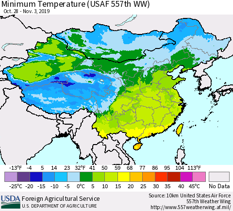 China and Taiwan Minimum Temperature (USAF 557th WW) Thematic Map For 10/28/2019 - 11/3/2019