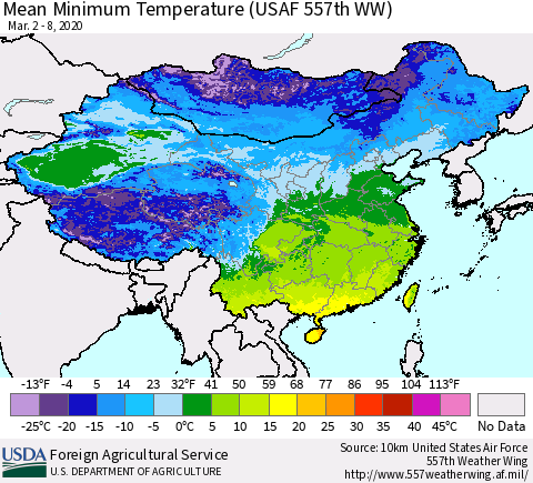 China, Mongolia and Taiwan Mean Minimum Temperature (USAF 557th WW) Thematic Map For 3/2/2020 - 3/8/2020