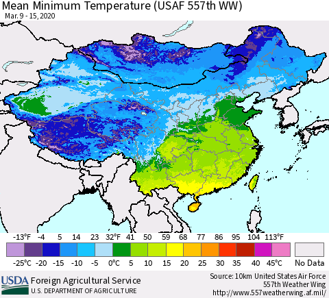 China, Mongolia and Taiwan Mean Minimum Temperature (USAF 557th WW) Thematic Map For 3/9/2020 - 3/15/2020