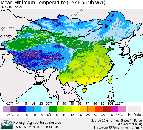 China, Mongolia and Taiwan Mean Minimum Temperature (USAF 557th WW) Thematic Map For 3/16/2020 - 3/22/2020