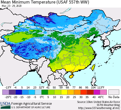 China, Mongolia and Taiwan Mean Minimum Temperature (USAF 557th WW) Thematic Map For 3/23/2020 - 3/29/2020